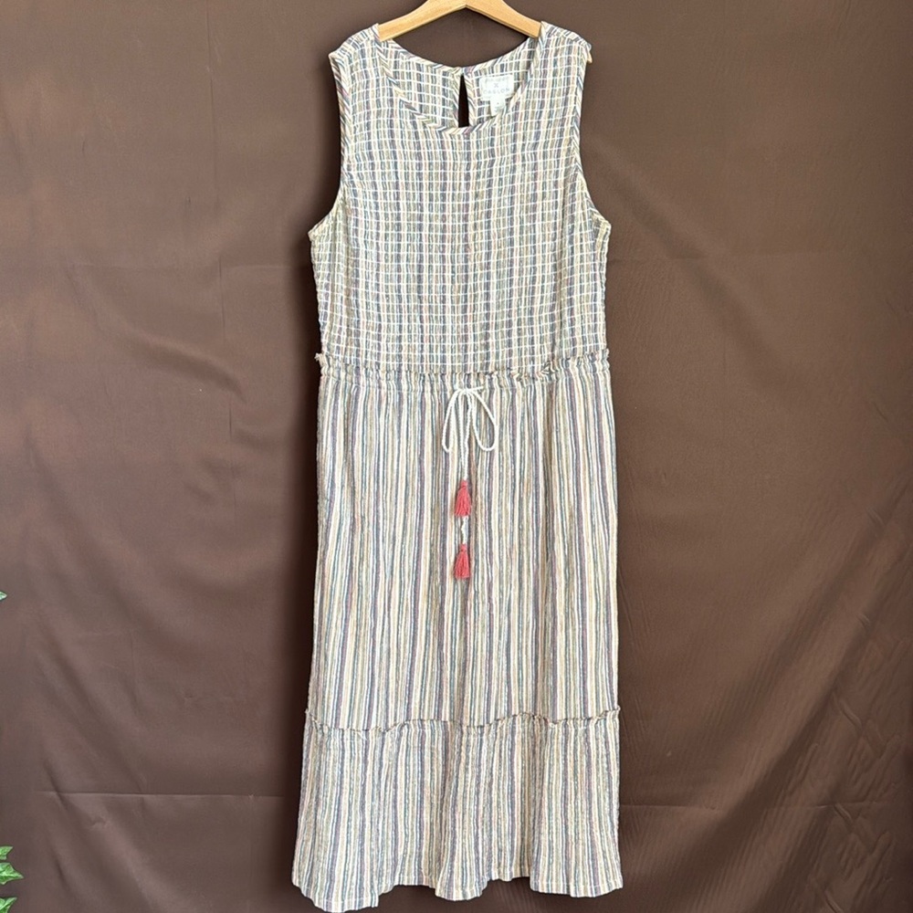 Caslon Multicolor Striped Cotton Dress with Adjustable Waist Tassels